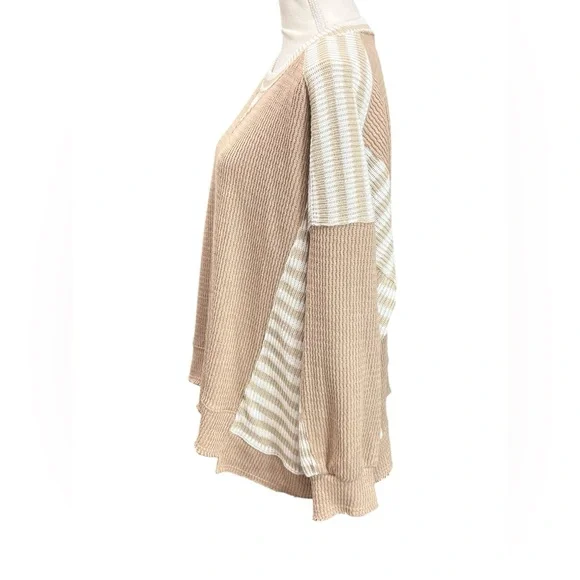 BiBi Tan Striped Contrast Waffle Knit Pullover Sweater Size Large - Picture 6 of 8